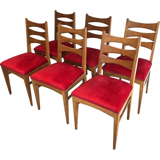 Set of 6 vintage chairs in oak and red velvet, France 1940s