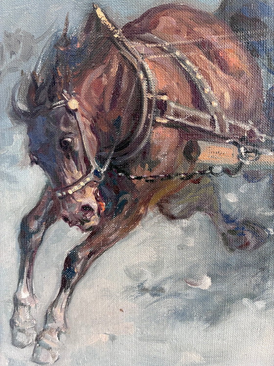 Image 1 of Peinture à l'huile originale vintage représentant un cheval, grande œuvre murale équestre signée