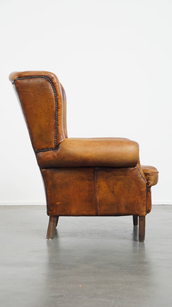 Image 1 of Vintage Oorfauteuil Gemaakt Van Schapenleer