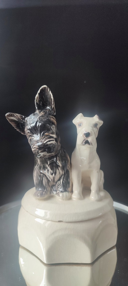 Poudrier ancien en céramique Scottish & Fox Terrier