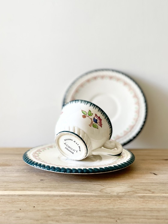 Image 1 of Vintage Longwy Cup Duo x2 · Hand Painted French Faience · Floral Motif · Green Border · Made in France · Mid-Century Pottery