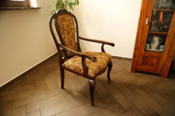 Image 1 of Antique Queen Anne Revival Carver Armchair with Floral Tapestry Upholstery 