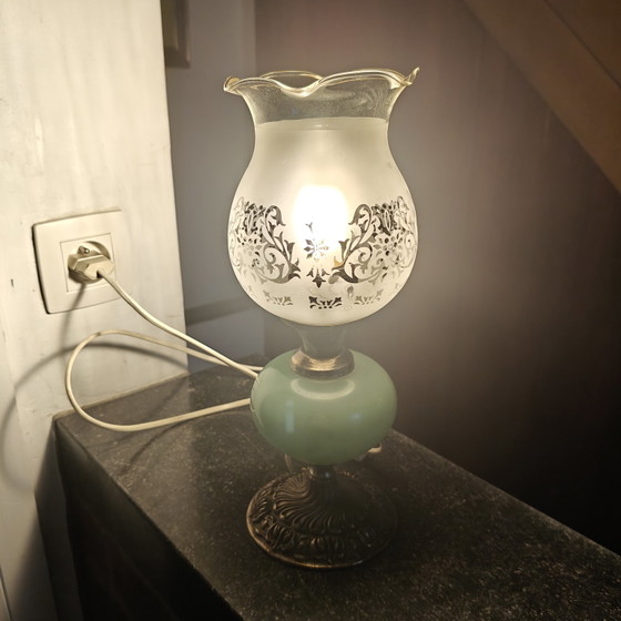 Image 1 of Vintage Green Opaline Table Lamp with Etched Frosted Glass Shade – Electric Oil Lamp Style – 30 cm