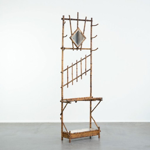 Antique French faux bamboo standing coat rack/hallway furniture with a mirror and umbrella rack