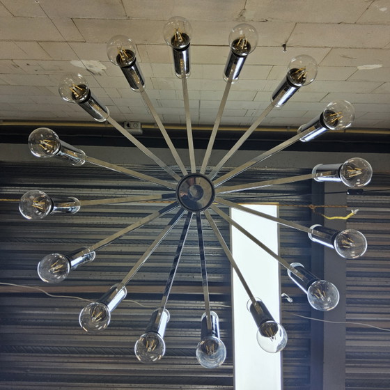 Image 1 of Vintage Large Chrome Italian Space Age Pendant Lamp Gaetano Sciolari (Sputnik Lamp)