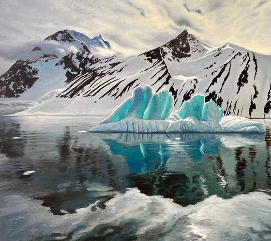 Originales Ölgemälde: Winterlandschaft mit Felsen, Insel und Eisberg im Meer – Gemälde & Zeichnungen, Canvas (photo 5 of 7)