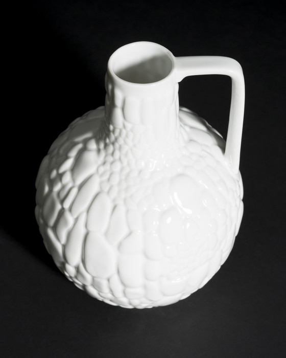 Image 1 of Manfred Frey AK Kaiser Glossy Porcelain Vase Fossil REPTILE Relief Op Art DUO