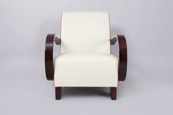 Een paar gerestaureerde art-deco fauteuils, walnoothout, leer, opnieuw gepolijst, Tsjechisch, jaren 1930 (photo 6 of 8)