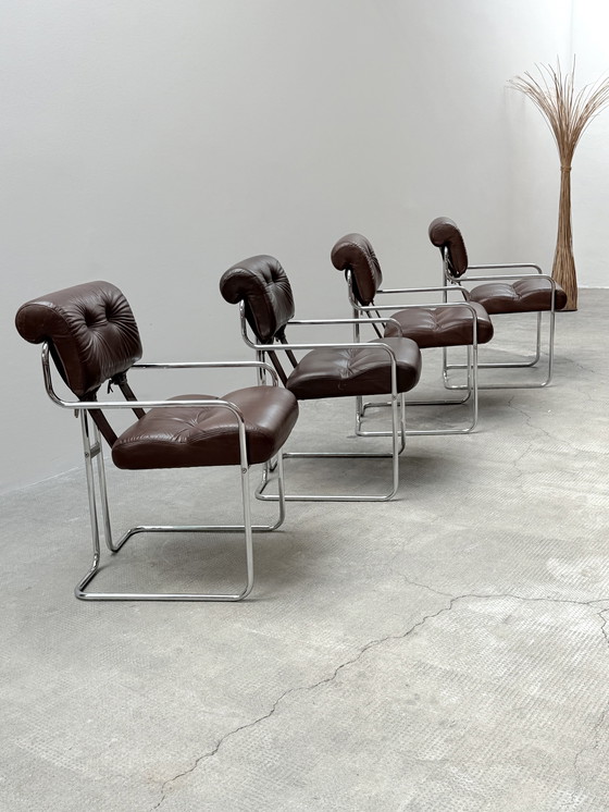 Image 1 of Set of 4 Guido Faleschini for i4Mariani 'Tucroma' chairs leather brown chrome, Italy 1970s