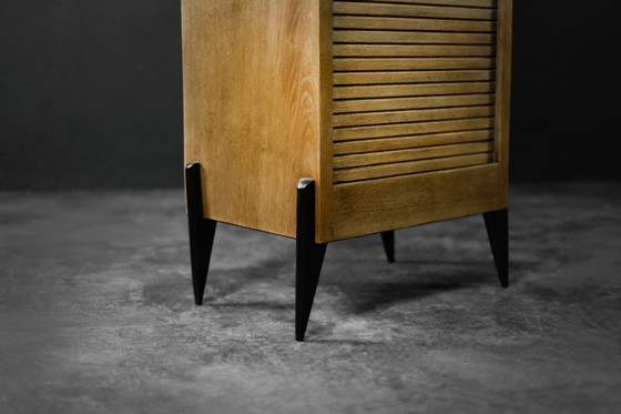 Image 1 of Vintage industriële Deense rolluikkast van bruin eikenhout met meerdere lades, jaren 50