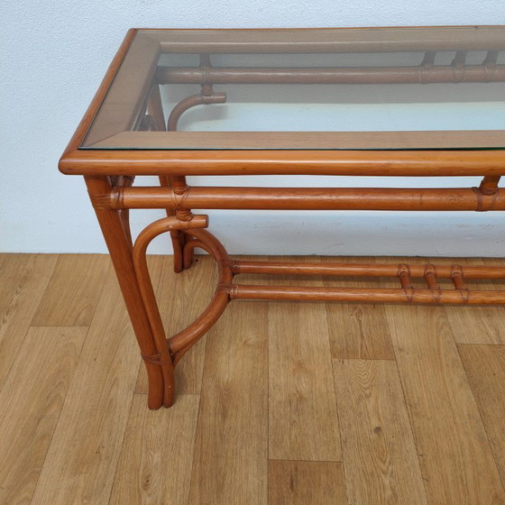 Image 1 of Vintage Rattan Side Table with Glass Top