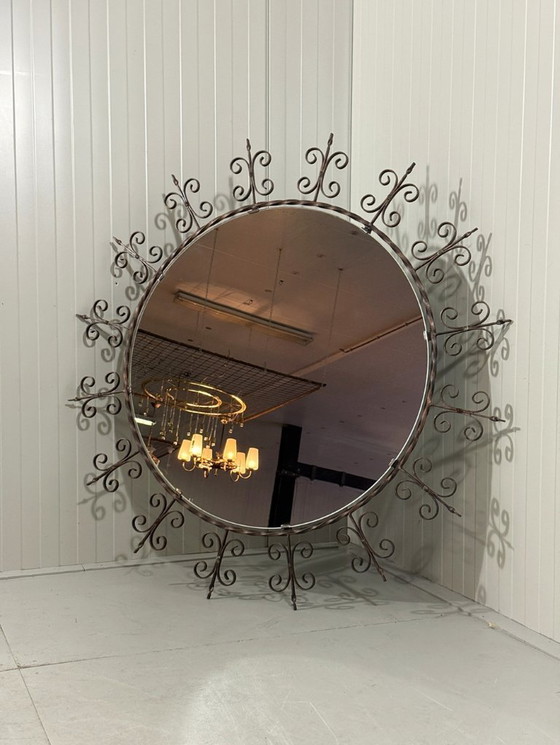 Image 1 of Very large round wrought iron wall mirror 1960's