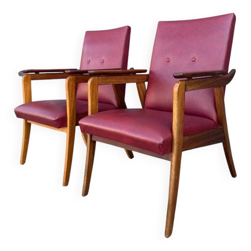 Vintage Design Sessel-Set – rotes Skai und Teak (1960er Jahre)