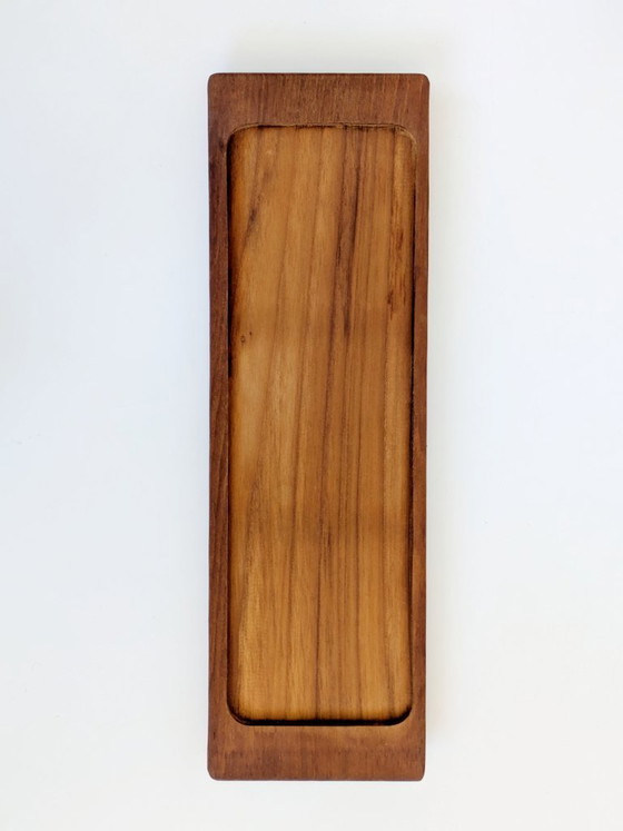 Image 1 of Danish Teak Serving Set, 3 Smoked Glass Bowls Original Spoon and Fork, Midcentury Kabaret Tray