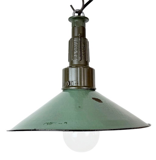 Lampada a sospensione militare industriale smalto petrolio con parte superiore in alluminio fuso, anni '60