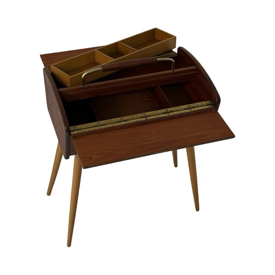 Image 1 of Teak wood - Vintage sewing box on tapered legs -  Scandinavian, Denmark, ca. 1960’s