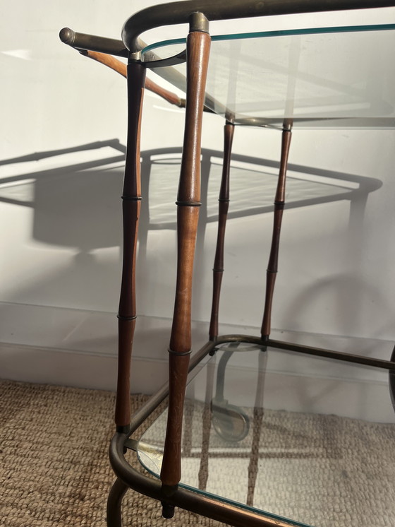 Image 1 of Faux Bamboo brass bar cart trolley serving trolley vintage