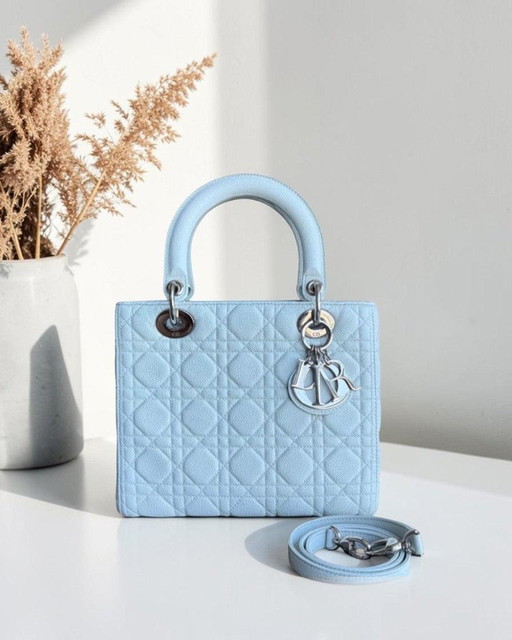 DIOR LADY MEDIUM CAVIALE - CANNAGE BIANCO GHIACCIO BLU GHIACCIO ACCESSORI ARGENTO