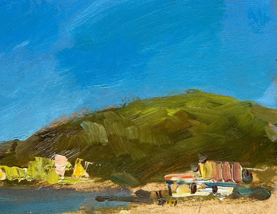 Image 1 of Origineel olieverfschilderij: Zomerkustlandschap, bewolkte dag op zee