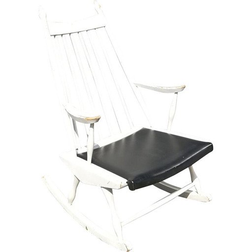 Sedia a dondolo vintage in legno e similpelle blu scuro