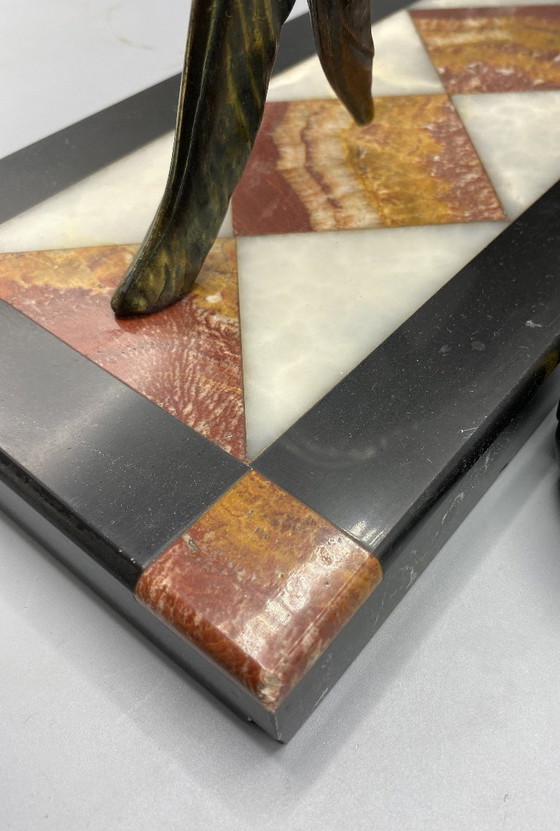 Image 1 of Grote Art Deco Fazant Beeld – Gepatineerd Spelter op Luxe Marmer – Franse 1930s Sculptuur – Wandeldecor / Verzamelobject 