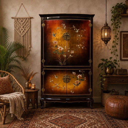 Vintage Chinese cabinet with gold leaf, flowers and birds / Bohemian / Oriental / Asian bridal cabinet – opbergkast, Wood