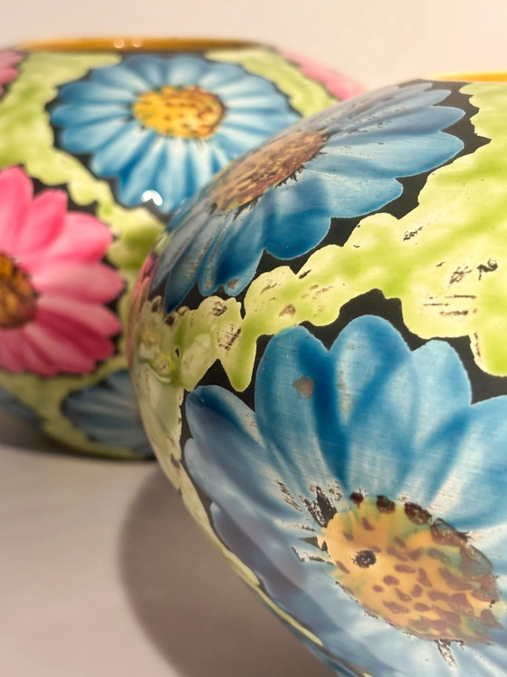 Pair of Hand-Painted Ceramic Vases with 60s Flower Power Floral Motifs (photo 8 of 17)