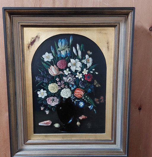 Still life with flowers, butterflies and shells