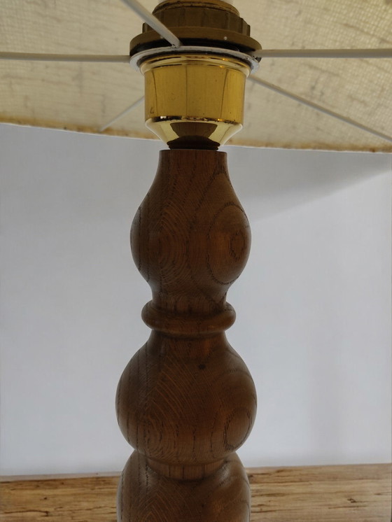Image 1 of Lampada da tavolo in legno di teak con paralume in tessuto, metà secolo, Danimarca Vintage