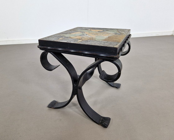 Image 1 of Bijzettafel van smeedijzer en leisteen | jaren 60