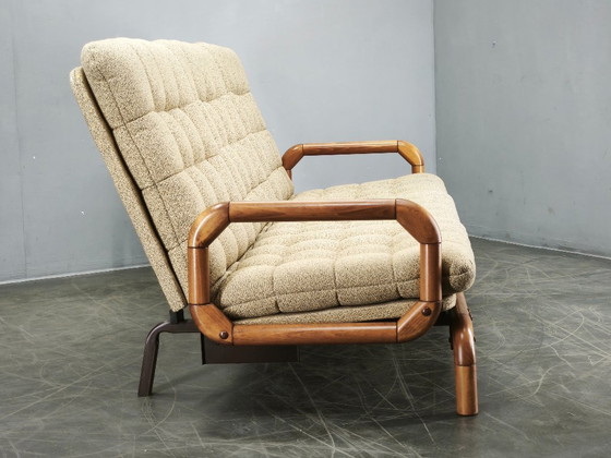 1980er tschechoslowakisches modernistisches umwandelbares Dreisitzer-Schlafsofa, 3-5 Sitzer Sofas, Holz (Foto 4 von 13)