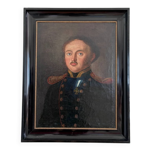 Peinture à l'huile originale ancienne représentant un officier, grand portrait d'homme.