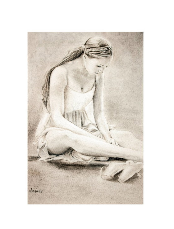 Image 1 of Charcoal drawing of a seated ballerina. Painting of a ballerina. New.