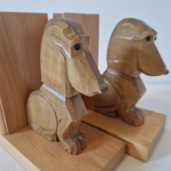 Image 1 of Set di fermalibri vintage a forma di bassotto, fermalibri in legno anni '60, bassotto