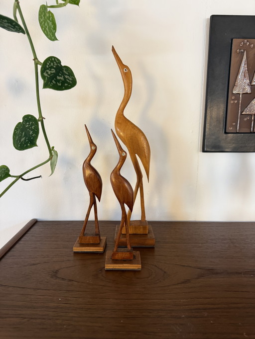 Ensemble de 3 hérons vintage en teck des années 60