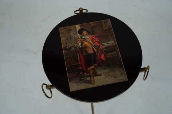 Image 1 of Small Italian brass and wood tripod coffee table from 50s