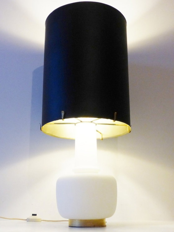 Image 1 of CHIC & IMPORTANT OPALINE AMBIENT LAMP & GIANT STAINLESS STEEL SHADE 70's VINTAGE