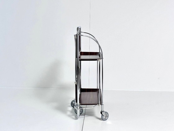 Desserte Bremshey Dinett, pliable, chrome et aspect bois foncé, Mid-Century, Argenté, Vintage (photo 8 sur 15)