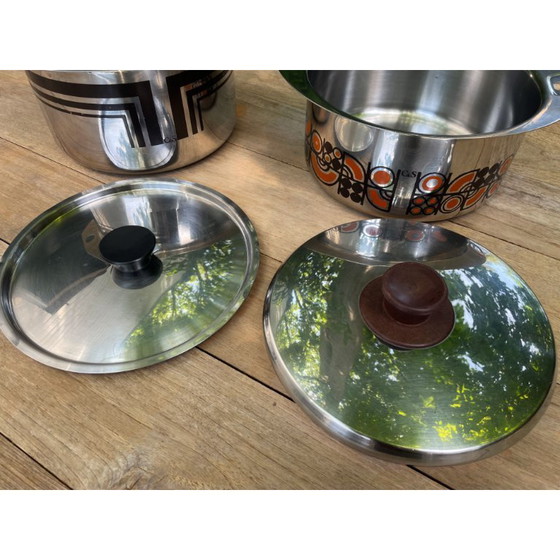 Image 1 of Pentole in acciaio inox C&S di Francia, smaltate arancioni e marroni, vintage anni '70.