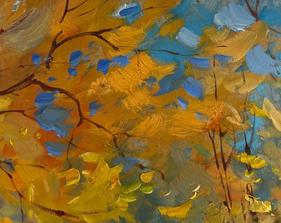 Image 1 of Original Oil Painting City Street Landscape Autumn leaves are flying