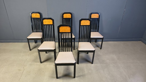 Chaises de salle à manger vintage en loupe de bois et laque, années 1980