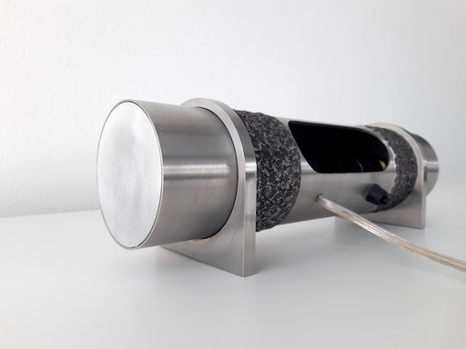 Bijzondere stalen vintage cilinder lamp, sfeervolle brutalist tafellamp