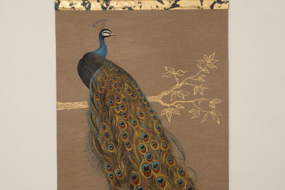 Image 1 of Canvas painted with a peacock on a branch. Contemporary work.