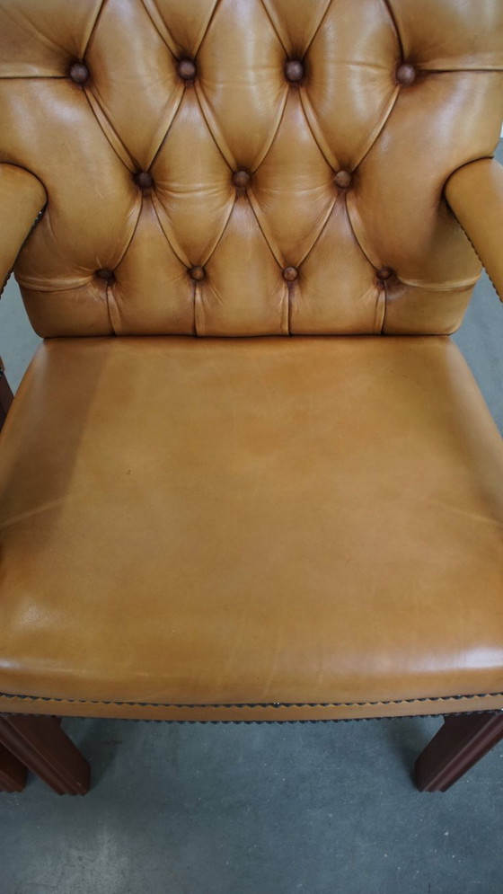 Image 1 of 4x chaise de salle à manger/réunion chesterfield en cuir de vachette, couleur cognac clair