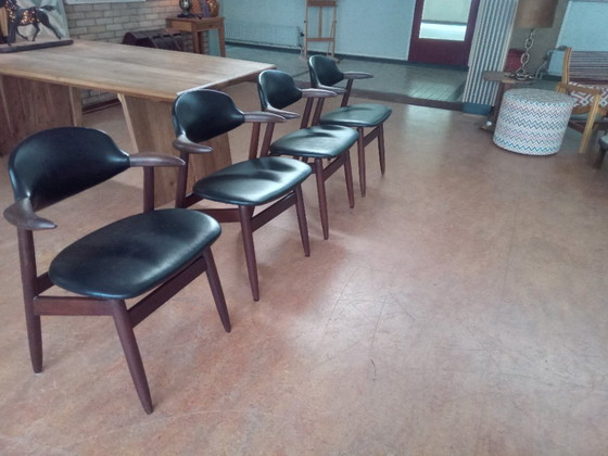 Cowhorn chairs by Tijsseling 4 x, Dining chairs, Wood, Leather, Brown, Mid Century Modern (photo 3 of 5)