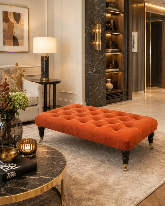 Handmade Orange Quilted Ottoman (DEM Culemborg) With Wheeled Legs – Footstools & poufs, Textile (photo 9 of 9)