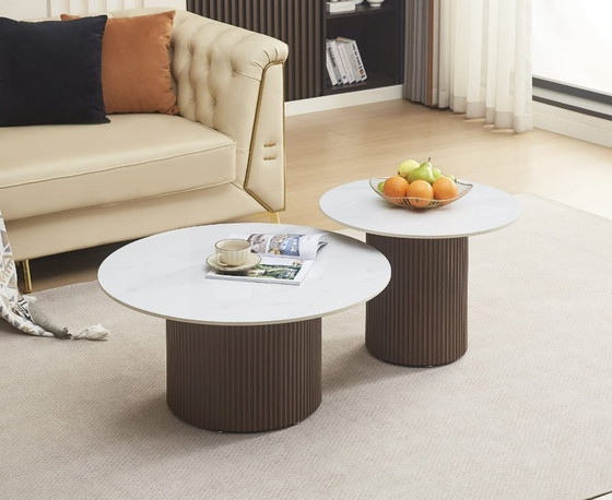 Image 1 of Tavolino BAIETA – Piano in ceramica effetto marmo bianco e gambe in metallo effetto noce – 80 + 60 cm – Consegna in giornata