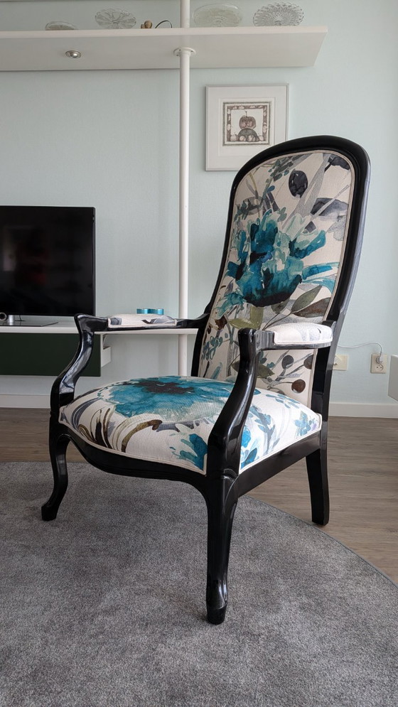Armchair with floral print, Roche Bobois, Wood, Textile, Black, Vintage (photo 7 of 8)