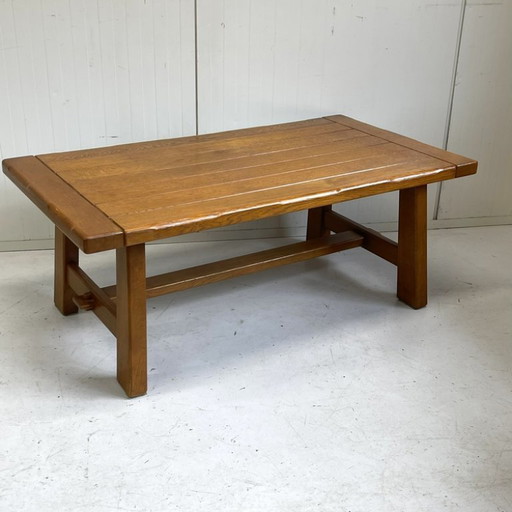 Table basse brutaliste vintage en chêne massif