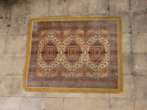 Tapis Kazak 180x150 cm vintage fait main motifs orientaux ocre et bordeaux